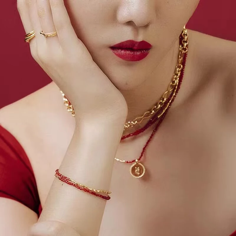 铜合金手链 《货号7808》金属红珠珠双层手链（链长：16+5cm）