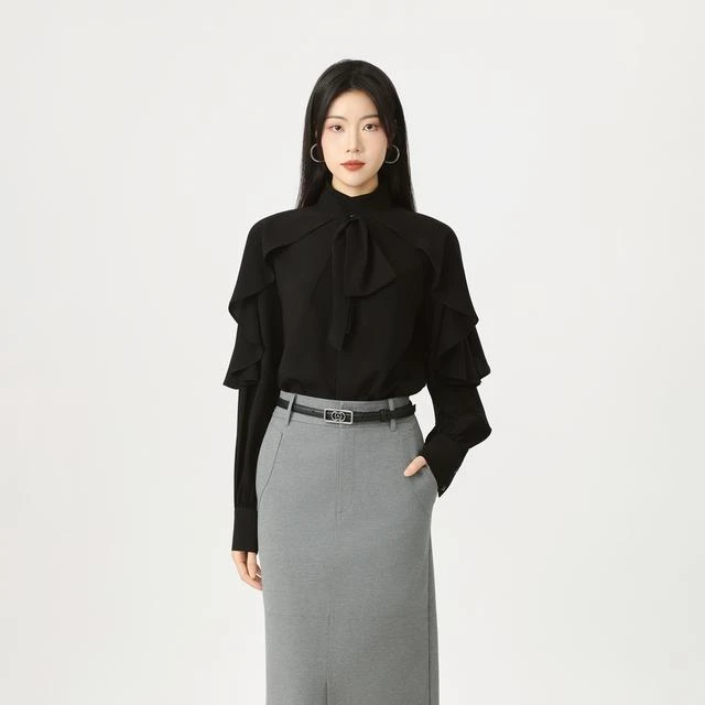 GIRDEAR/哥弟新款宫廷法式气质百搭休闲飘逸衬衫(附领带)女130079