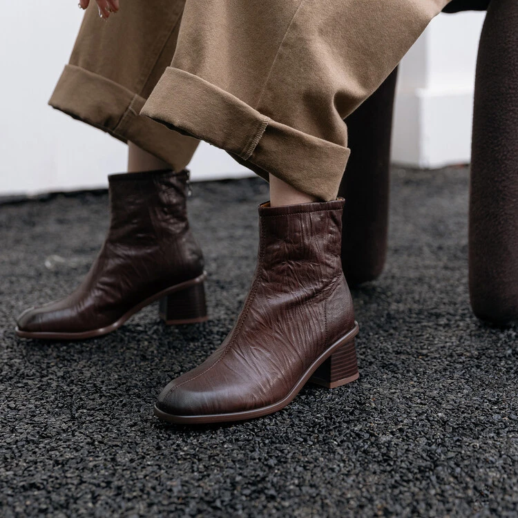 5cm~英伦风方头粗跟短靴女中跟复古擦色短靴2025秋冬新款瘦瘦靴女