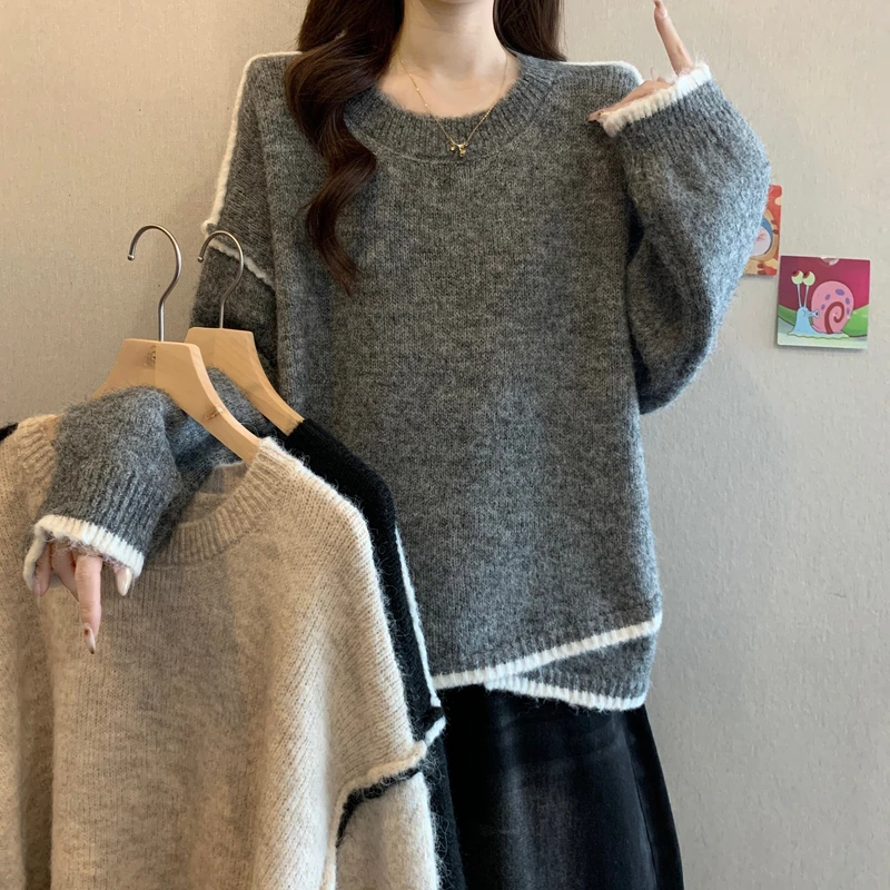 宽松慵懒风撞色灰色长袖毛衣大码女装秋冬2025新款遮肉针织衫上衣