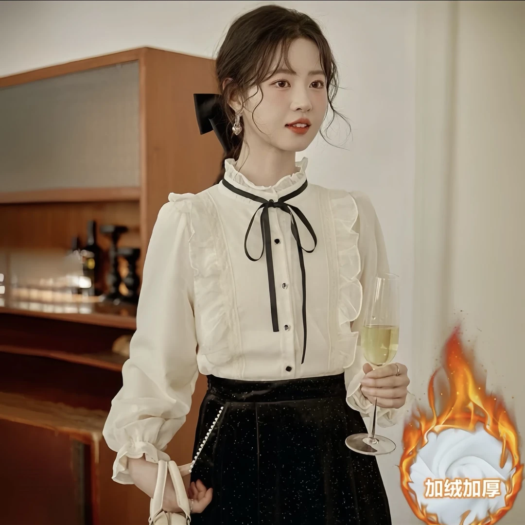 法式宫廷风木耳边上衣女2025秋冬季新款别致漂亮衬衫上衣【8623】