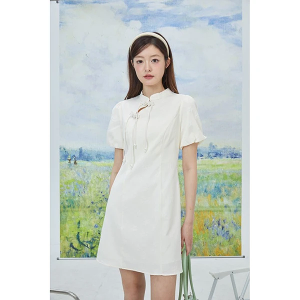 唐狮短袖短裙提花新中式植物花卉旗袍国风白色小众129227104905