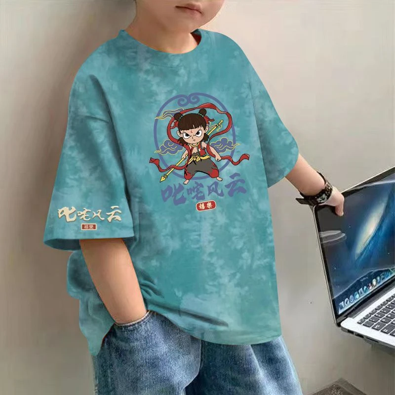哪吒童装短袖男童百搭夏季纯棉T恤中大童帅气宽松半袖上衣扎染男