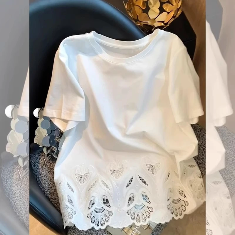 芯娇晴新中式轻国风重工下摆刺绣镂空花边短袖T恤女夏季圆领上衣