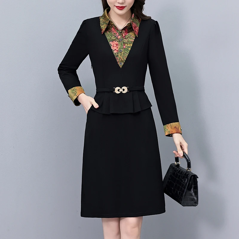 假两件套修身印花时尚洋气大码女装胖mm胖妹妹长袖连衣裙春秋新款