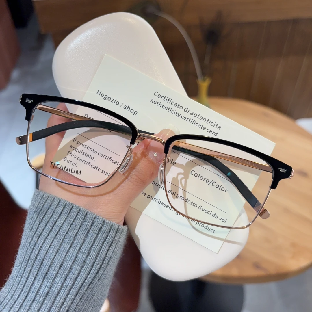 蛇年限定设计师款眼镜男轻奢超轻纯钛鎏金色商务半框镜架配度数