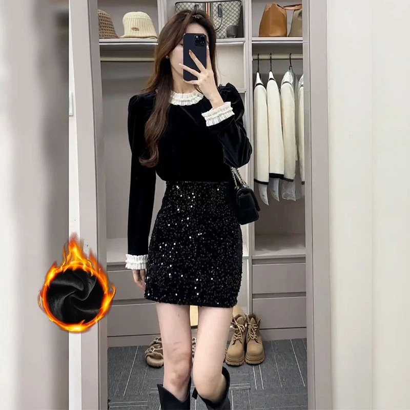 亮片半身裙高腰黑色A字裙女2025春秋新款显瘦遮肉亮晶晶半身裙