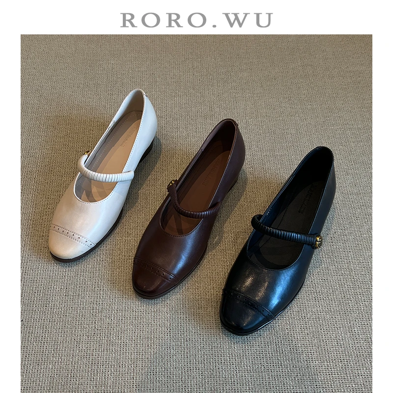 娆娆吴·头层牛皮文艺减龄一字扣简约淑女百搭日常单鞋A40