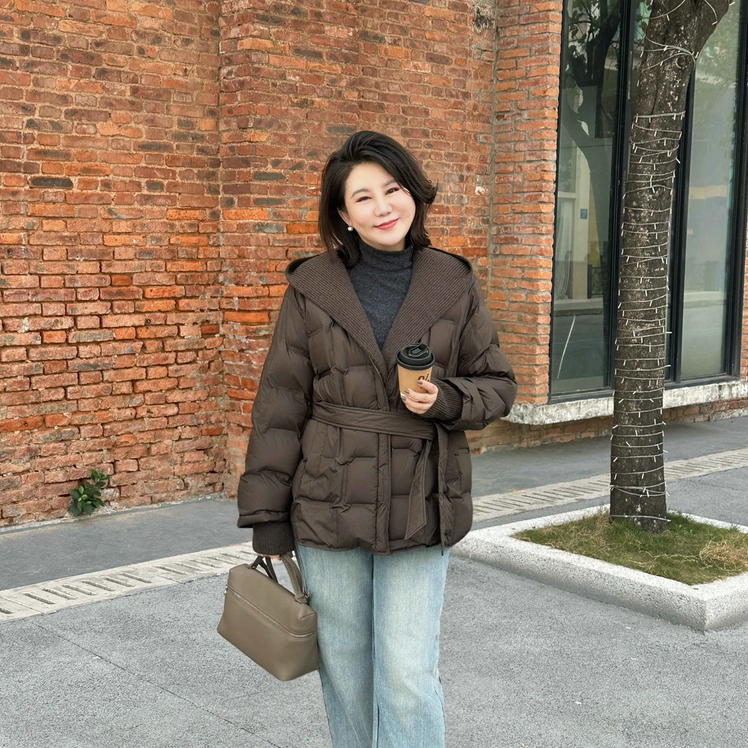 微胖女装【轻盈泡芙】50白鸭绒毛织拼接帽款羽绒服外套新款韩系6583