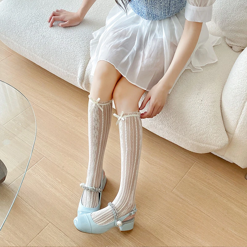 miu蝴蝶结蕾丝袜子女夏季小腿芭蕾风薄款白色花边堆堆袜配玛丽珍