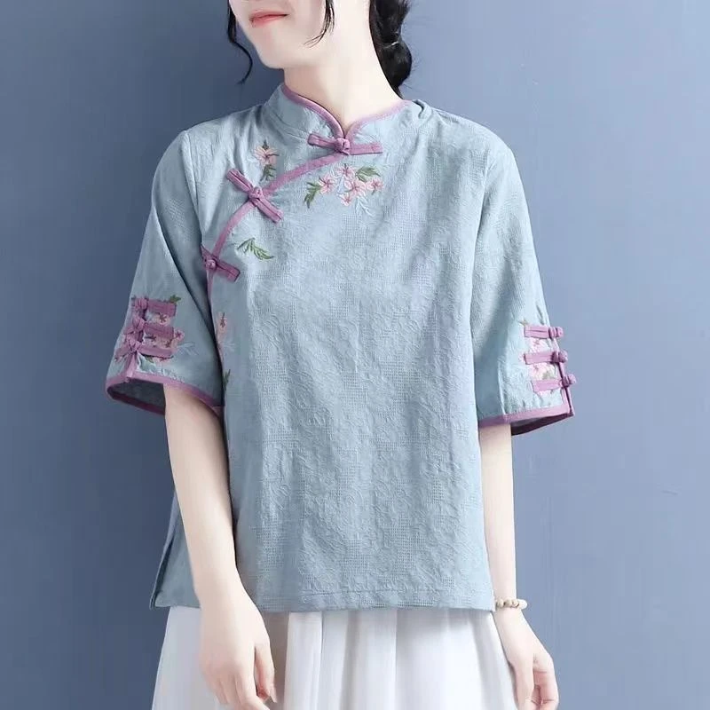 【现货+运费险】绣花唐装半袖女中国风禅意茶服汉服改良中式衬衫Y39