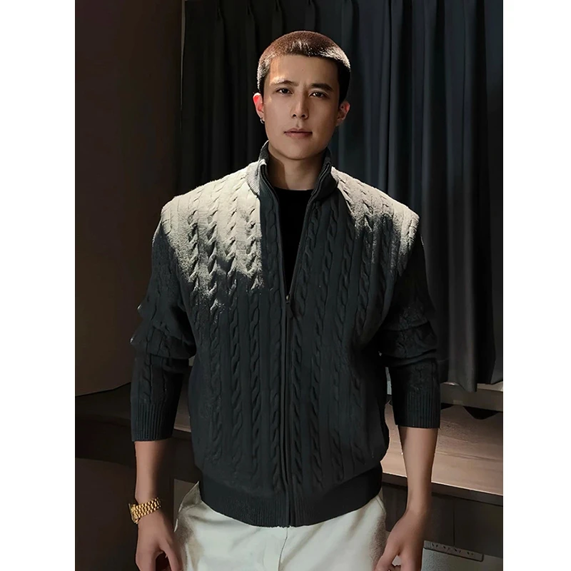 深灰色绞花开衫毛衣男款秋季立领浮雕麻花针织衫cleanfit休闲外套