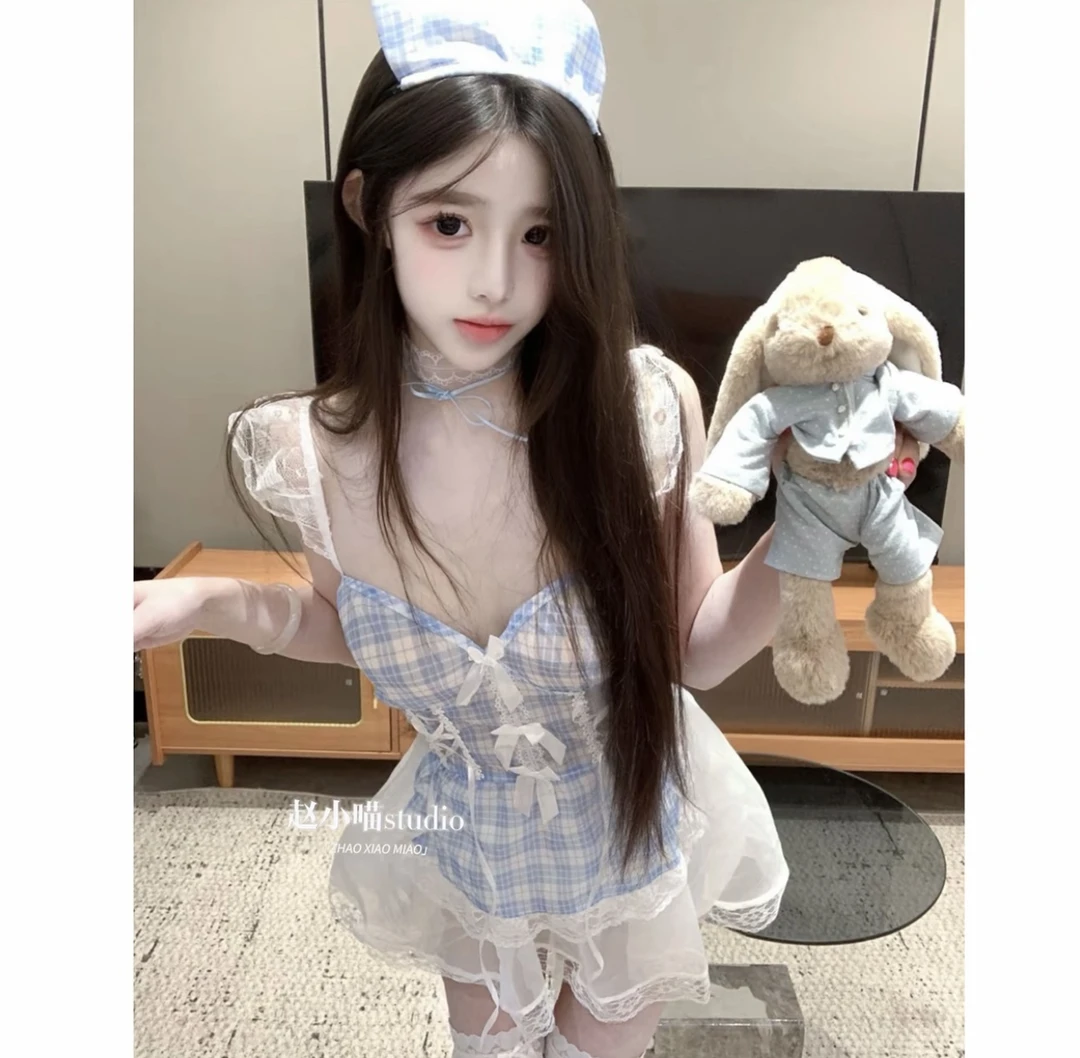 【小野奈子】仆仆酱深V透视吊带格纹温柔纯欲短裙套装夏季裙子短款