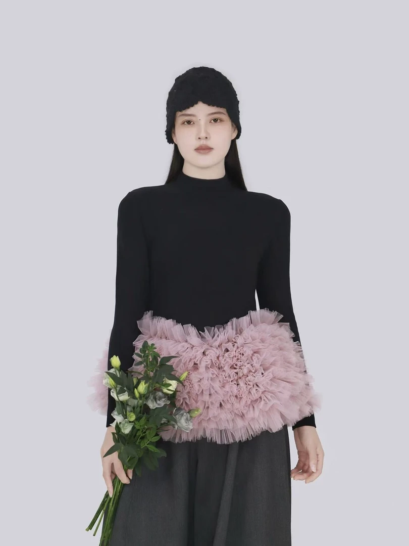 秋季轻奢高级感韩版显瘦上衣设计感拼接木耳边花苞百搭T恤953321