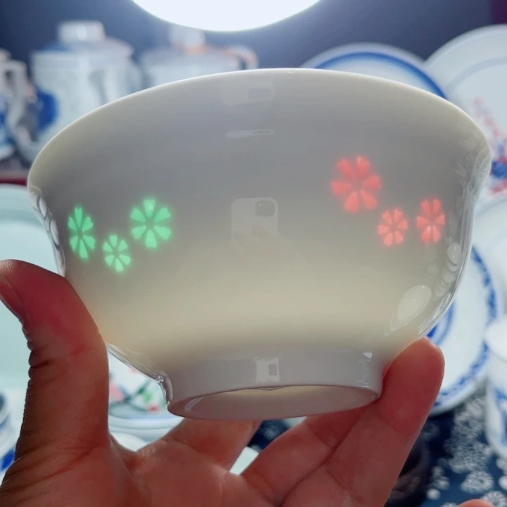青花玲珑5寸饭碗三星花彩玲珑