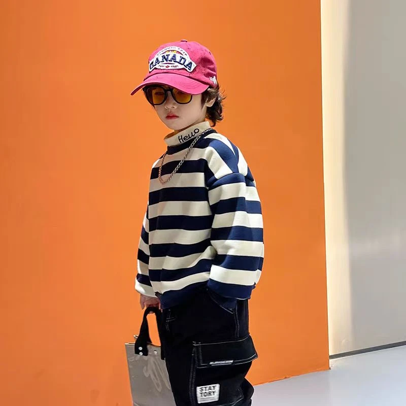 童装加绒加厚长袖条纹男女同款休闲卫衣男童上衣儿童A4-9951090