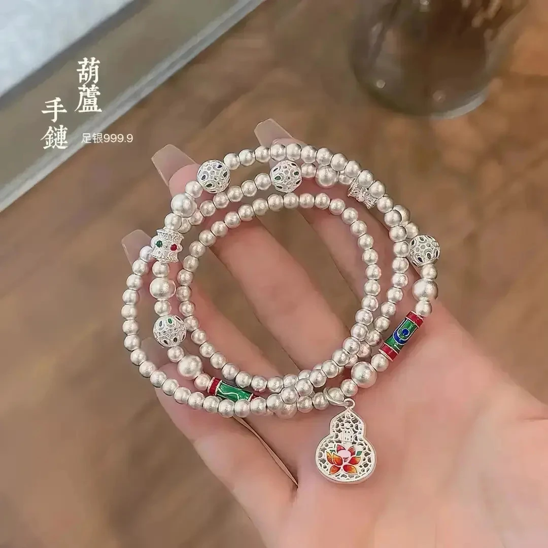 999足银古法珐琅彩叠戴三圈串珠葫芦手链国风百搭项链女