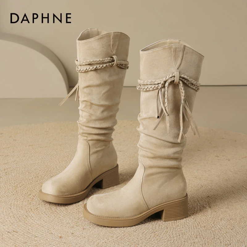 达芙妮复古西部靴女2025新款秋季长筒靴粗跟堆堆瘦瘦靴不过膝靴子