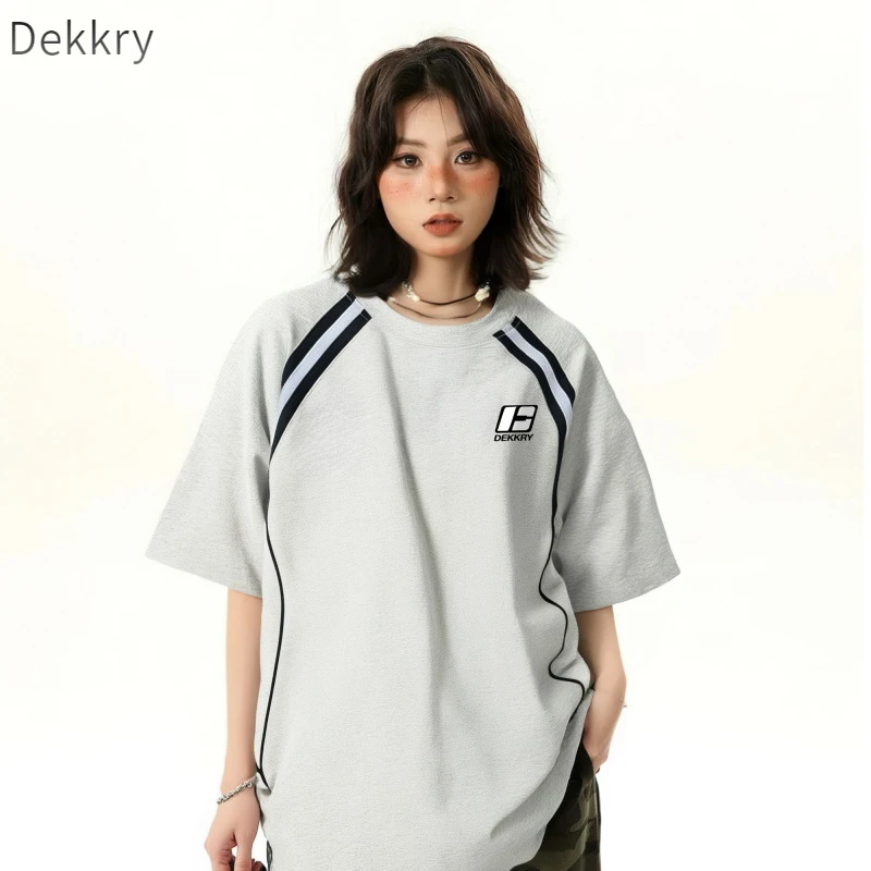 Dekkry印花短袖夏季圆领情侣拼接T恤百搭设计感灰色半袖宽松时尚