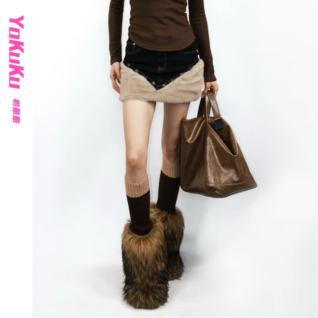 哟酷酷（叛逆甜心）美式复古拼毛绒拼接修身包臀内里短裤牛仔半裙