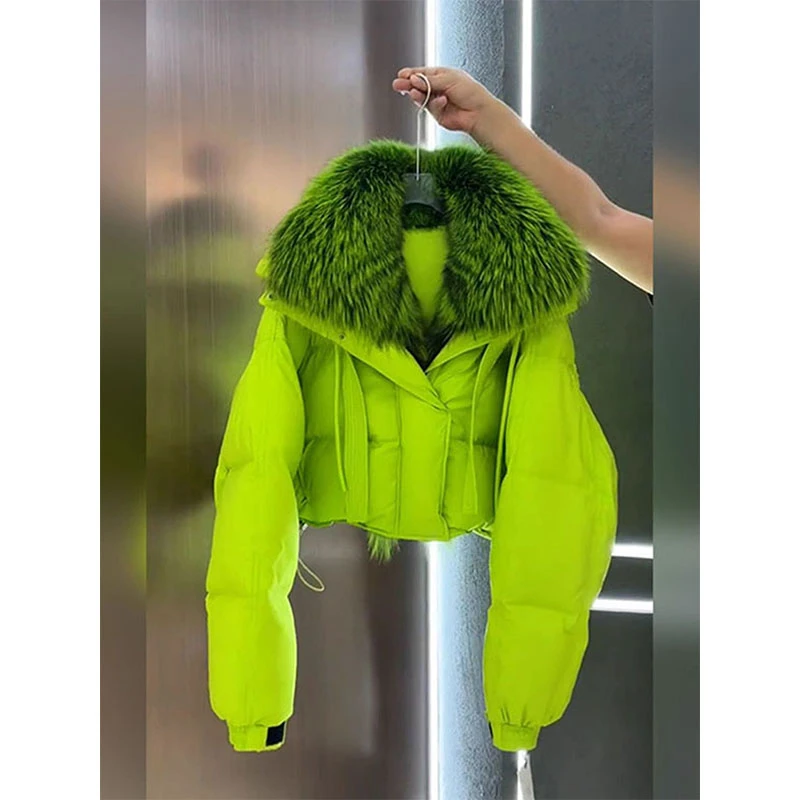 欧货高级感炸街荧光绿短款棉服女冬2025新款真毛领设计师款外套