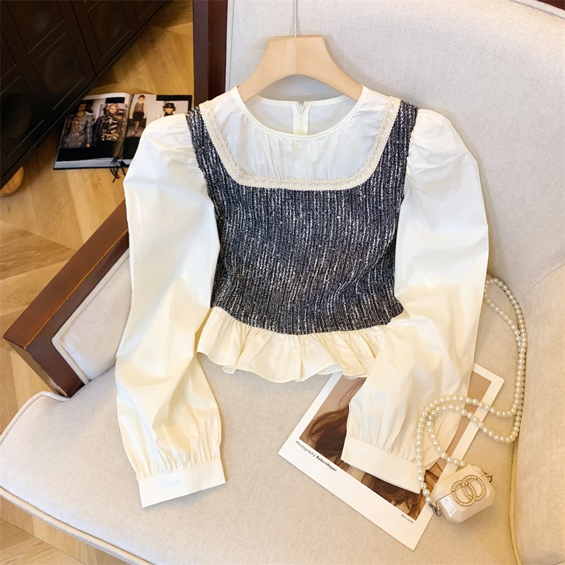 法式复古假两件撞色亮片背心衬衫女春秋新款设计感小众别致上衣