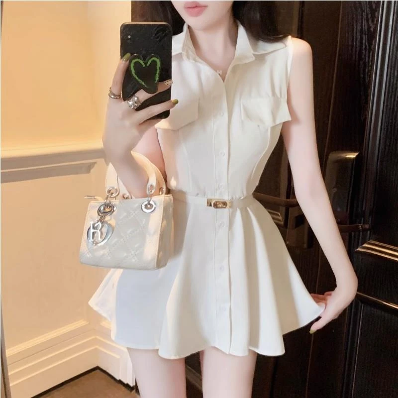 学院风减龄polo领无袖衬衫连衣裙女设计感收腰显瘦配腰带a字短裙