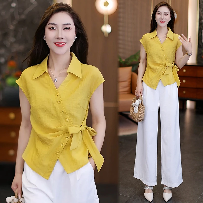 时尚V领收腰上衣2025夏季新款洋气气质上衣阔腿裤套装