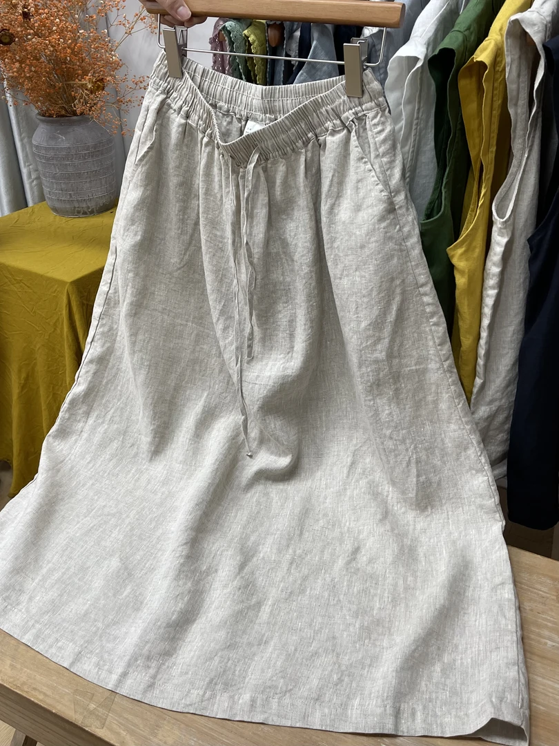 纯亚麻松紧腰百搭气质显瘦半身裙夏季新款纯色复古半身裙