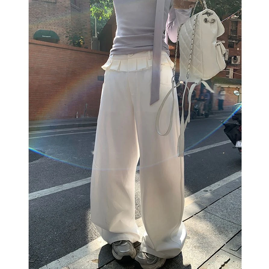 【双色】闲裤女小花边设计感春季新款高腰宽松阔腿拖地裤