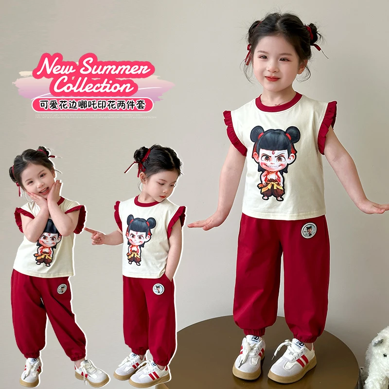 女小童哪吒衣服夏装背心套装女宝宝可爱木耳边无袖时髦儿童两件套