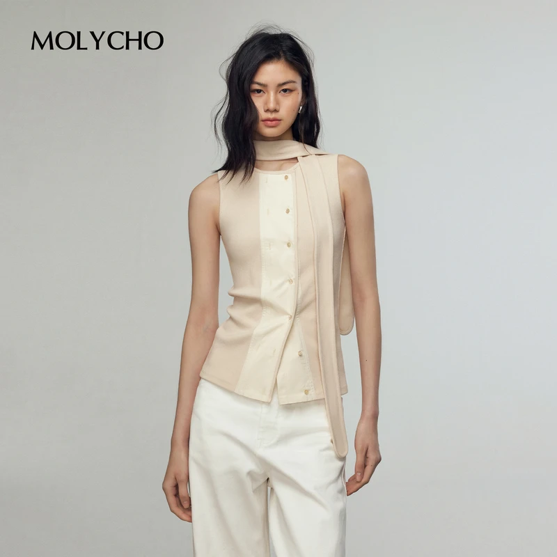 MOLYCHO外穿时尚无袖背心马甲女时髦洋气夏季2025年新款飘带上衣