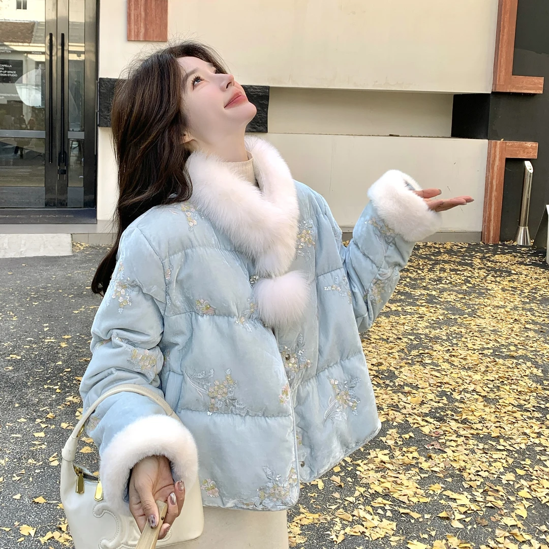 新中式国风刺绣亮片丝绒羽绒服女冬季小个子优雅气质白鸭绒短外套