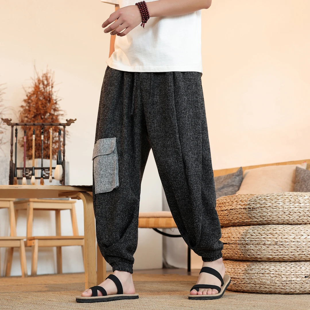 束脚九分裤男夏季薄款休闲冰丝裤中国风男装宽松潮牌大口袋工装裤