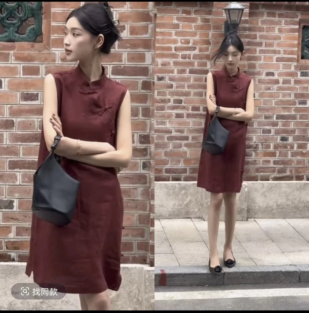 新中式红色无袖连衣裙改良旗袍设计感复古国风盘扣夏季女装