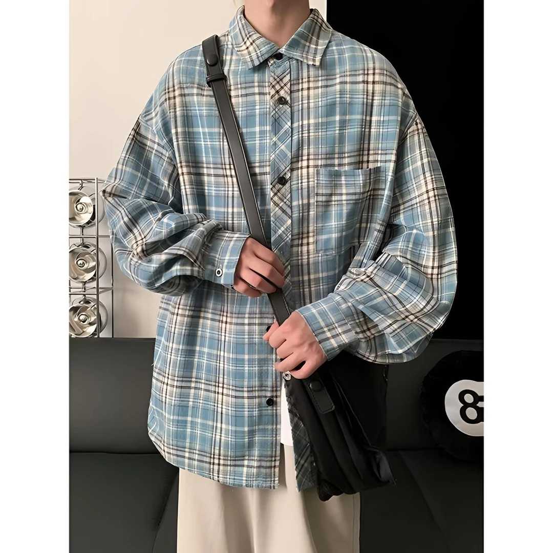 美式复古蓝色格子衬衫男女宽松慵懒风春秋小众潮牌休闲百搭外套潮