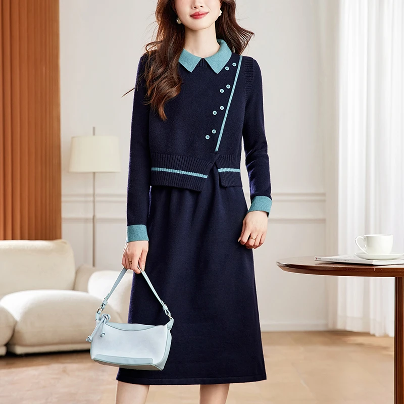 马甲套装2025新款今年流行爆款针织连衣裙两件套马夹娃娃领毛衣裙