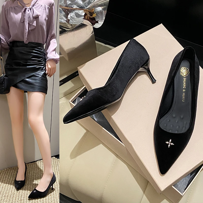 259法式尖头浅口单鞋女气质不累脚通勤百搭新款细跟高跟鞋工作鞋