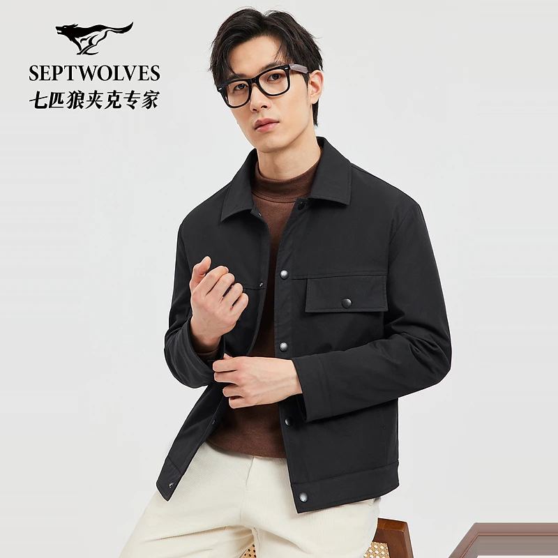 七匹狼翻领加厚净色对称口袋气场强大高级感男装设计师单夹克1702