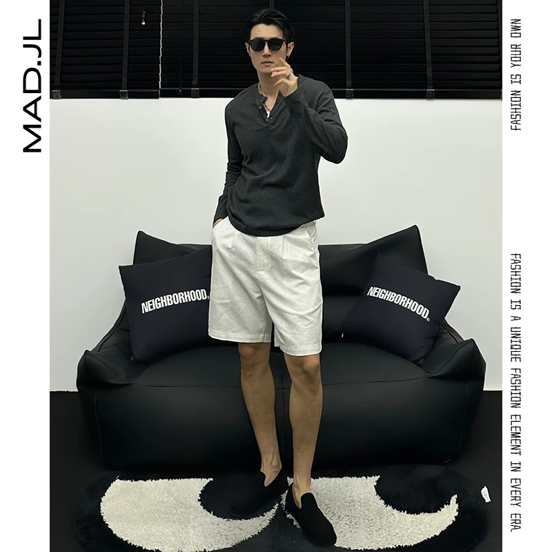 Mad夏季全棉针织【老钱亨利领】高级色调宽松休闲百搭长袖打底T恤男