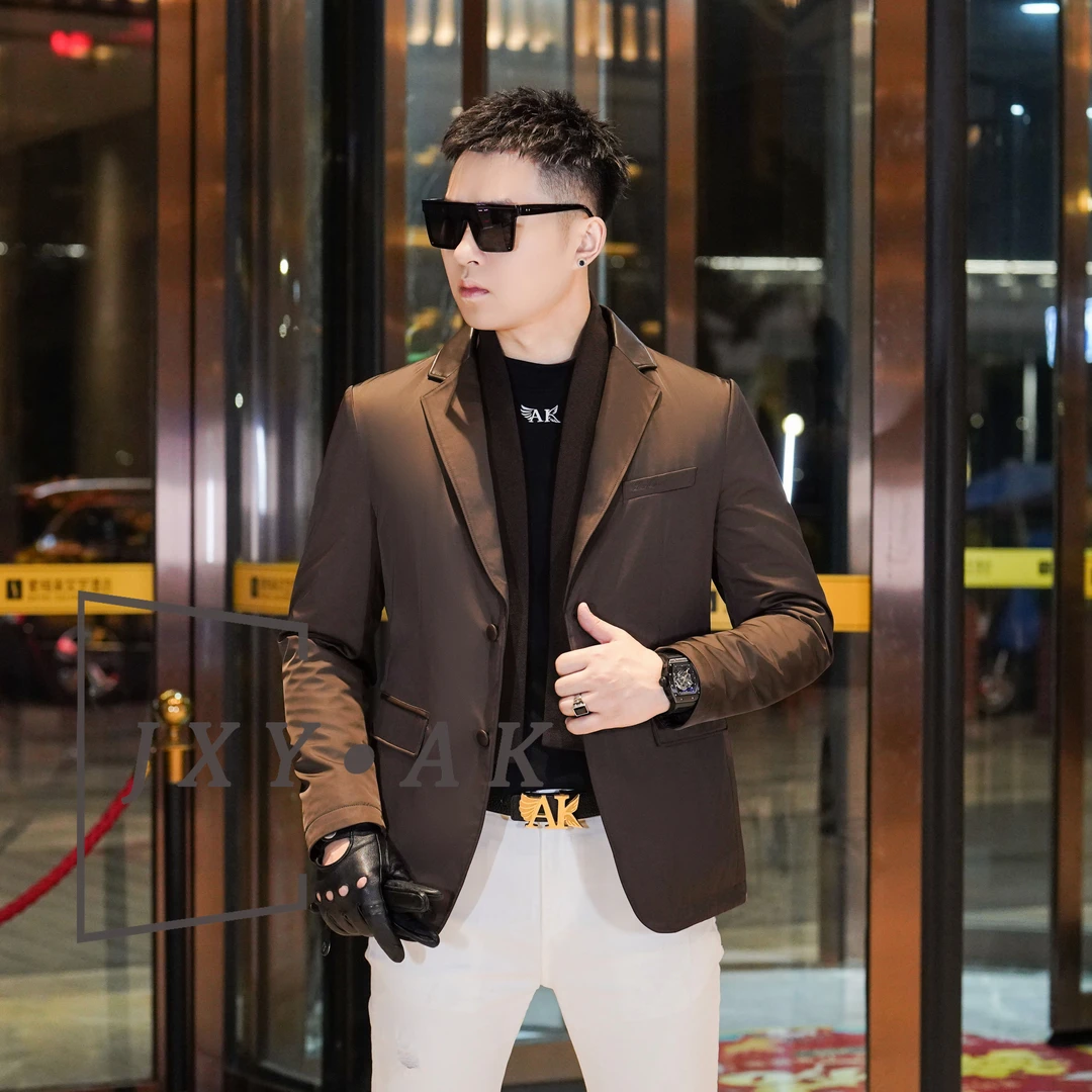 AK/2025秋冬新款男士桑蚕丝拼皮西服可拆卸假两件设计百搭外套男
