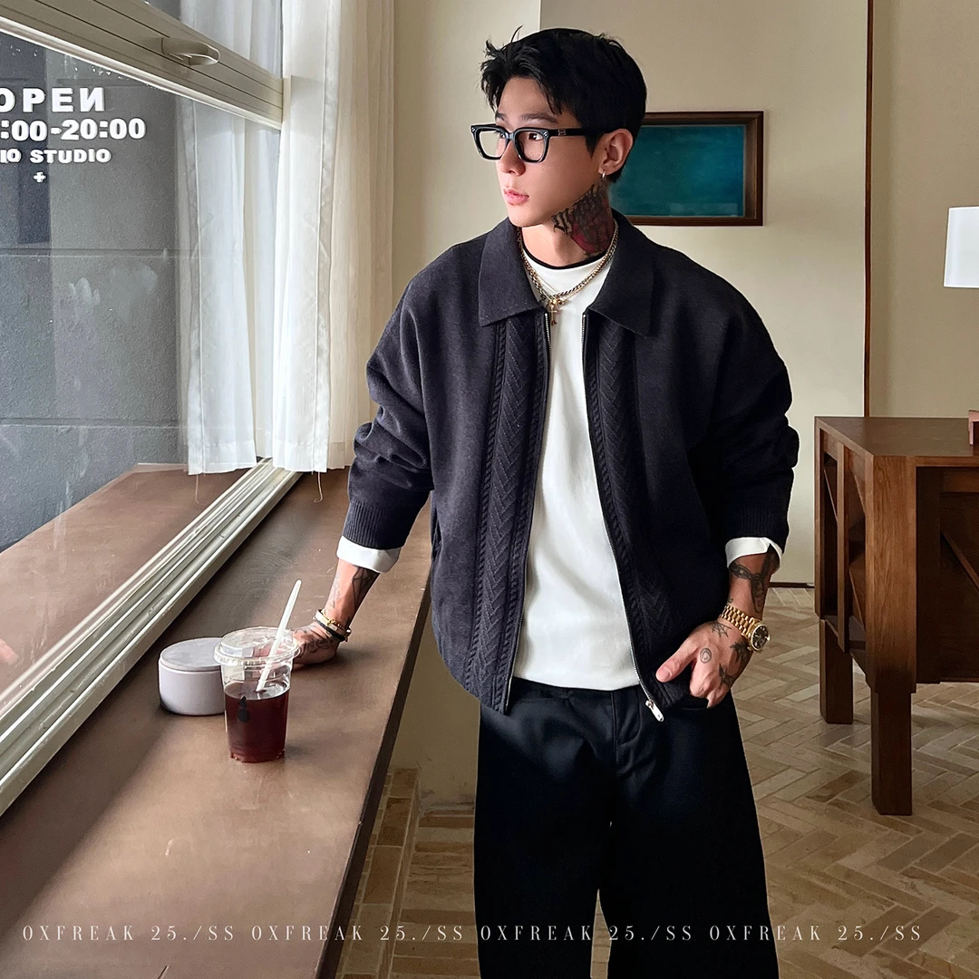 OXFREAK「编织菱格提花」老钱风肌理感开衫毛衣男秋冬翻领针织衫