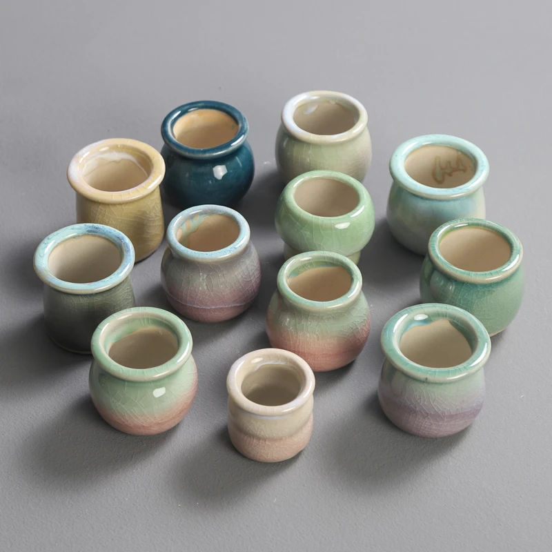 四个多肉拇指盆简约风可爱奶罐迷你小花盆开片釉精控冰裂控型粗陶