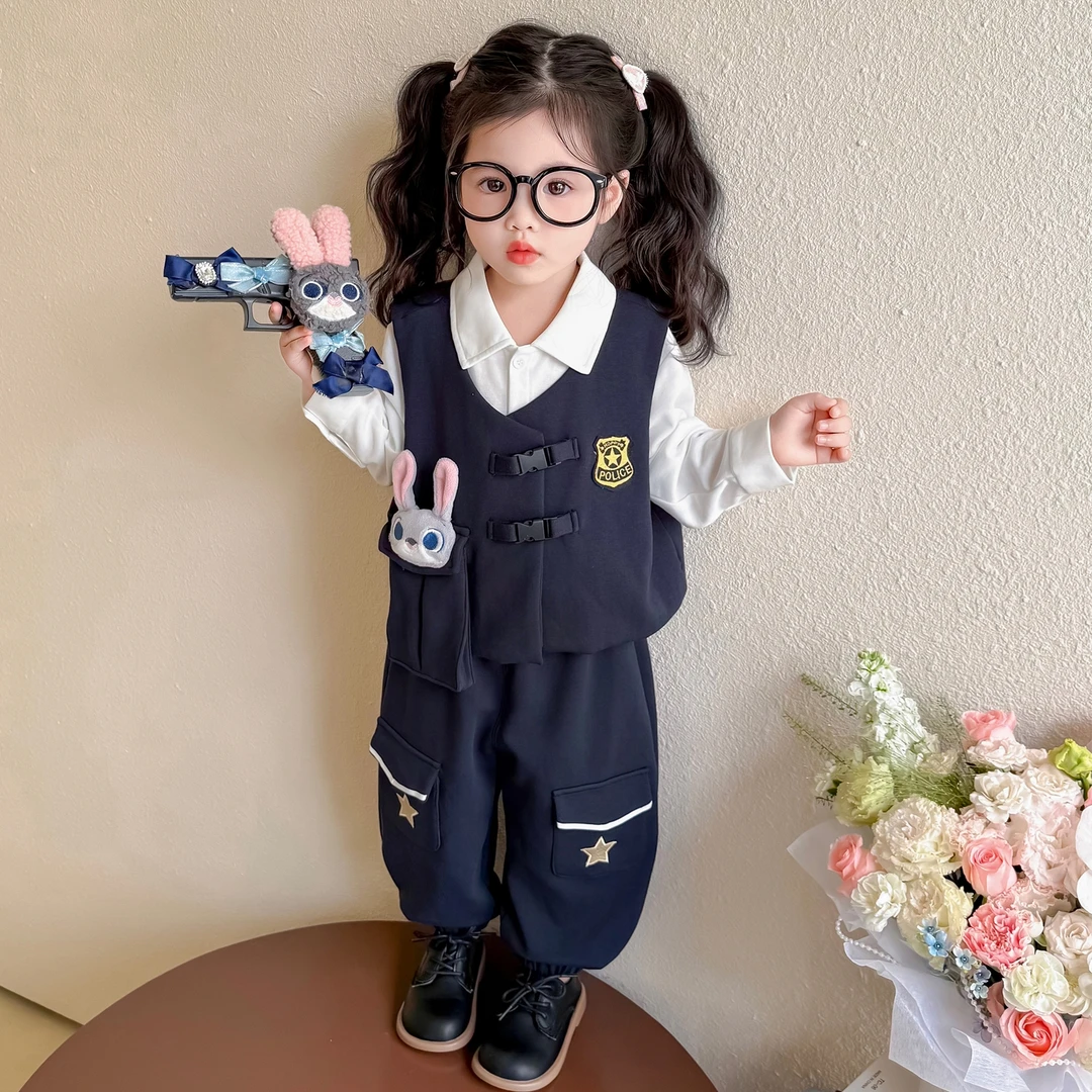 女童秋套装2025新款卡通兔子警官小童马甲秋季三件套儿童早秋衣服