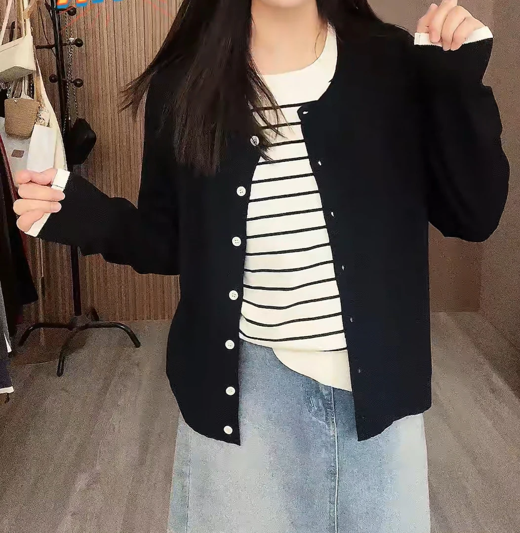 【简丹】【运费补贴6-10】条纹长袖假两件显瘦休闲时尚圆领毛针织开衫