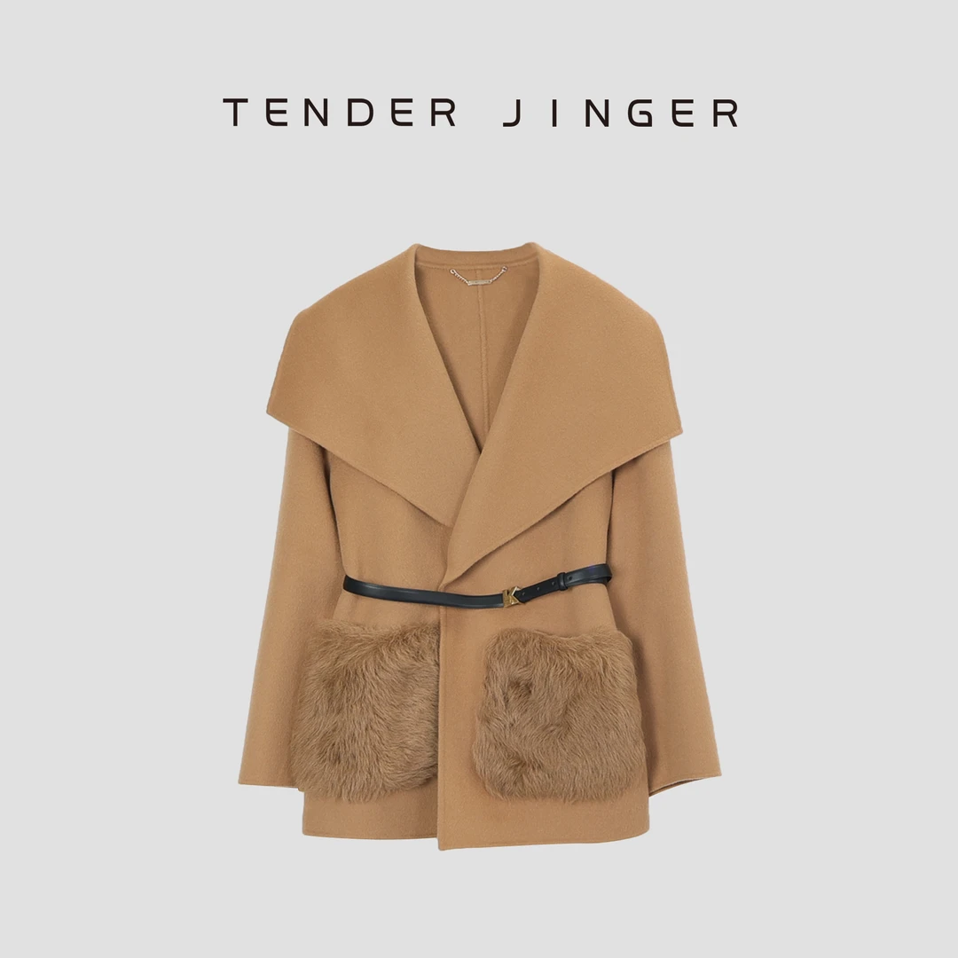 【黑标】大翻领系腰带短款羊毛大衣T44CH79982