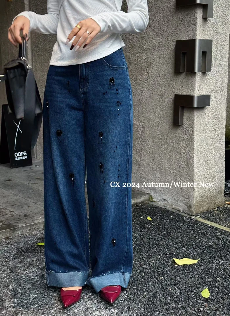 Z705牛仔裤休闲宽松直筒裤秋季百搭水洗蓝色复古