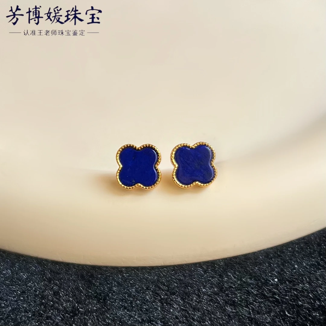 F027天然高品质少金少白青金石S925银镶嵌四叶草耳饰耳钉 经典款