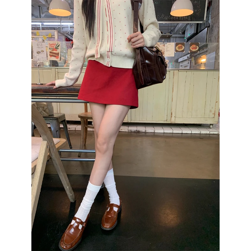 【HRG】半身裙 时尚百搭通勤修身秋冬红色半身裙253U3379#