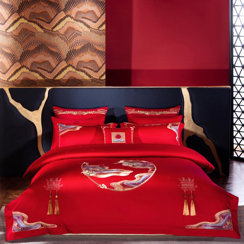 新中式喜字婚庆四件套全棉140支长绒棉结婚六件十件套纯棉4件被套